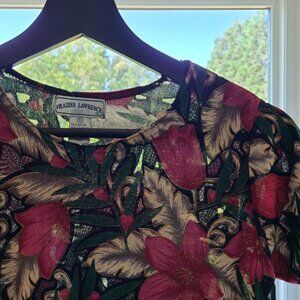 Vintage 90s Y2K Floral Burnout Blouse S Travel Knit Fitted Black Red Stretchy